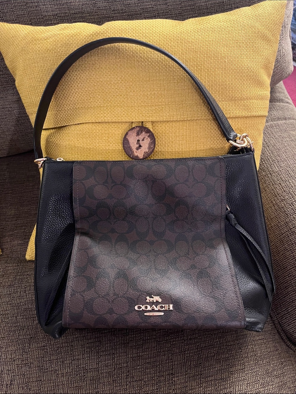 Coach Brown Signature and Black Leather Hobo Shoulder Bag